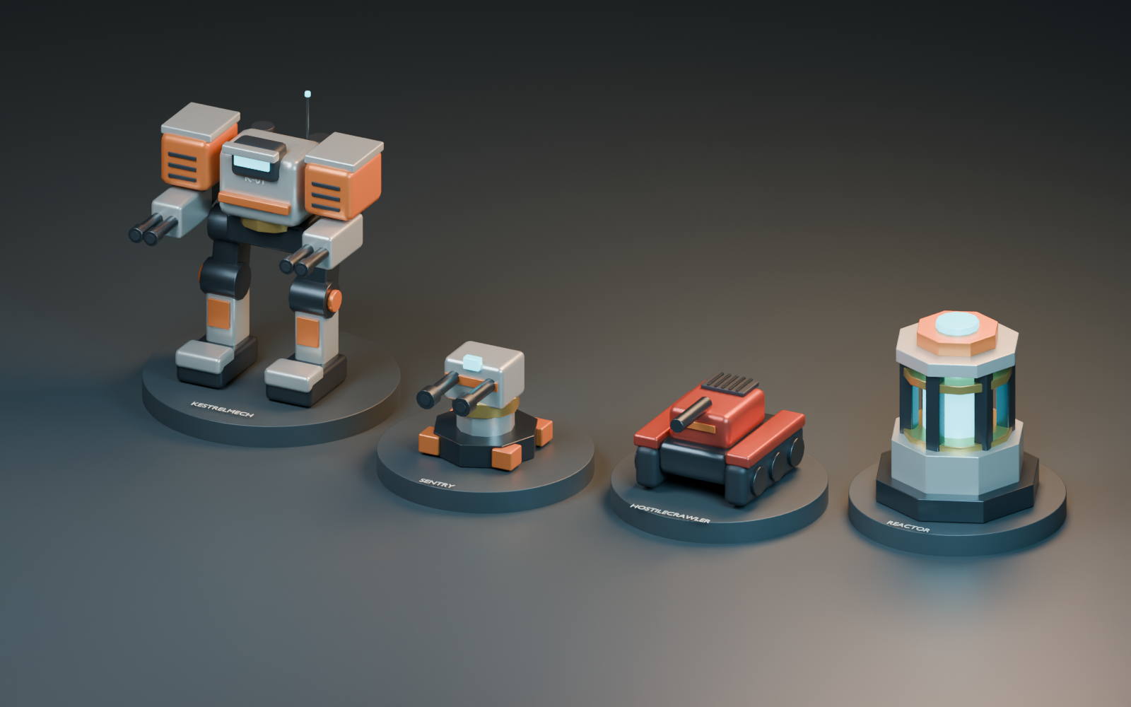 Kestrel concept models: an armored mech, defense turret, enemy crawler, and reactor